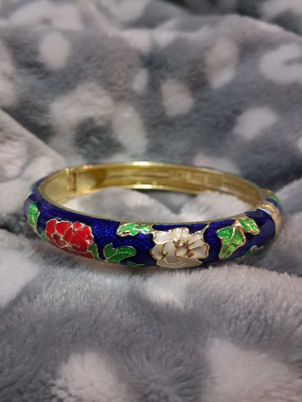 Blue Floral Enamel Gold Bangle Bracelet